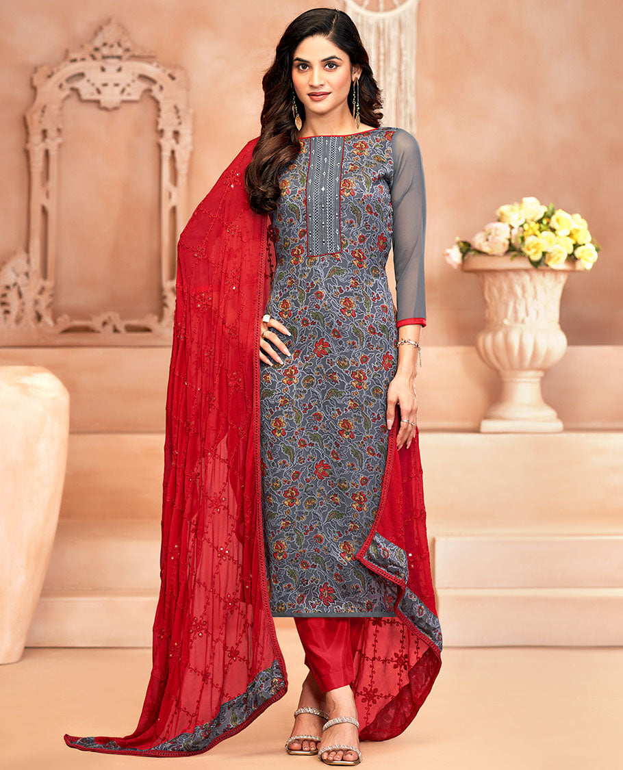 Grey material chudidar set, floral vine print and neck work top, contrast plain bottom, and jaal embroidered dupatta