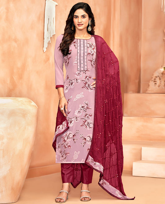 Pink material chudidar set, floral print and neck work top, contrast plain bottom, and jaal embroidered dupatta