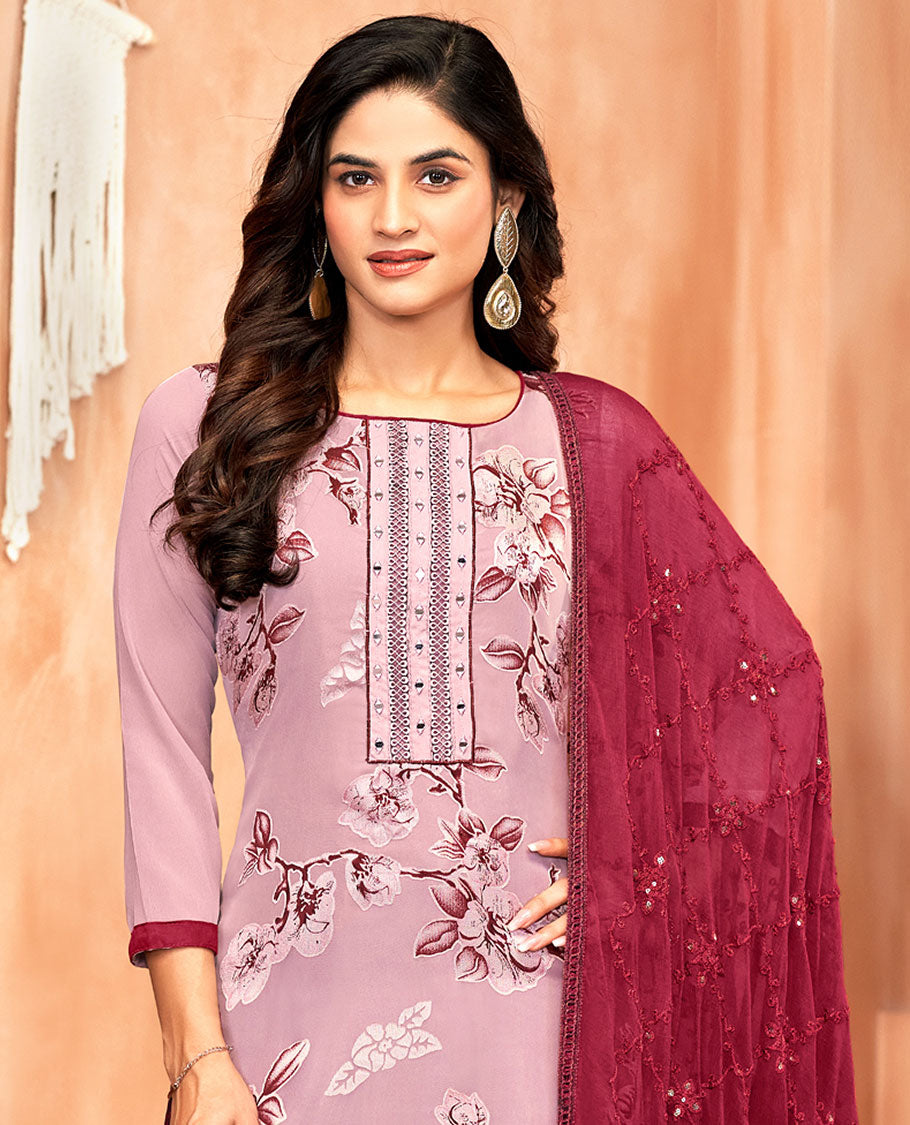 Pink material chudidar set, floral print and neck work top, contrast plain bottom, and jaal embroidered dupatta