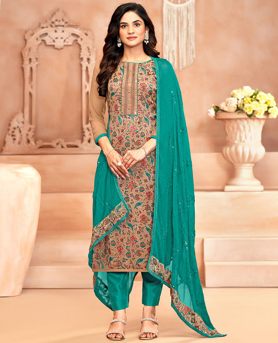 Brown material chudidar set, floral print and neck work top, contrast plain bottom, and jaal embroidered dupatta