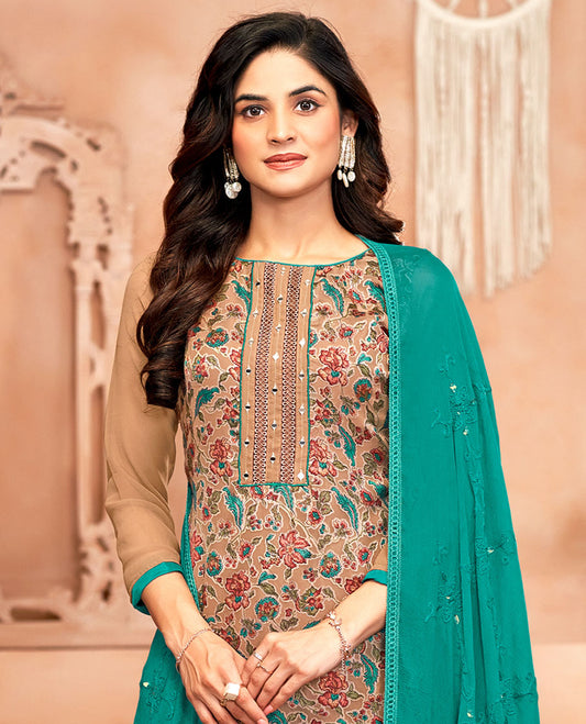 Brown material chudidar set, floral print and neck work top, contrast plain bottom, and jaal embroidered dupatta