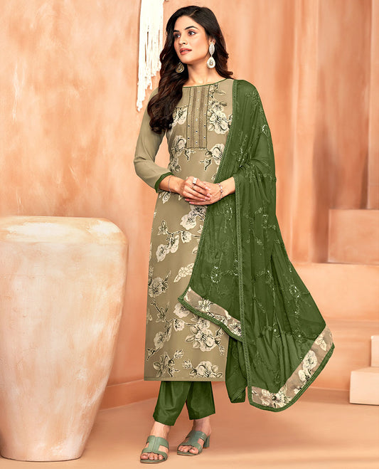 Grey material chudidar set, floral print and neck work top, contrast plain bottom, and jaal embroidered dupatta