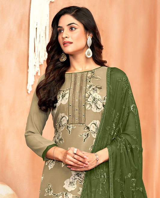 Grey material chudidar set, floral print and neck work top, contrast plain bottom, and jaal embroidered dupatta