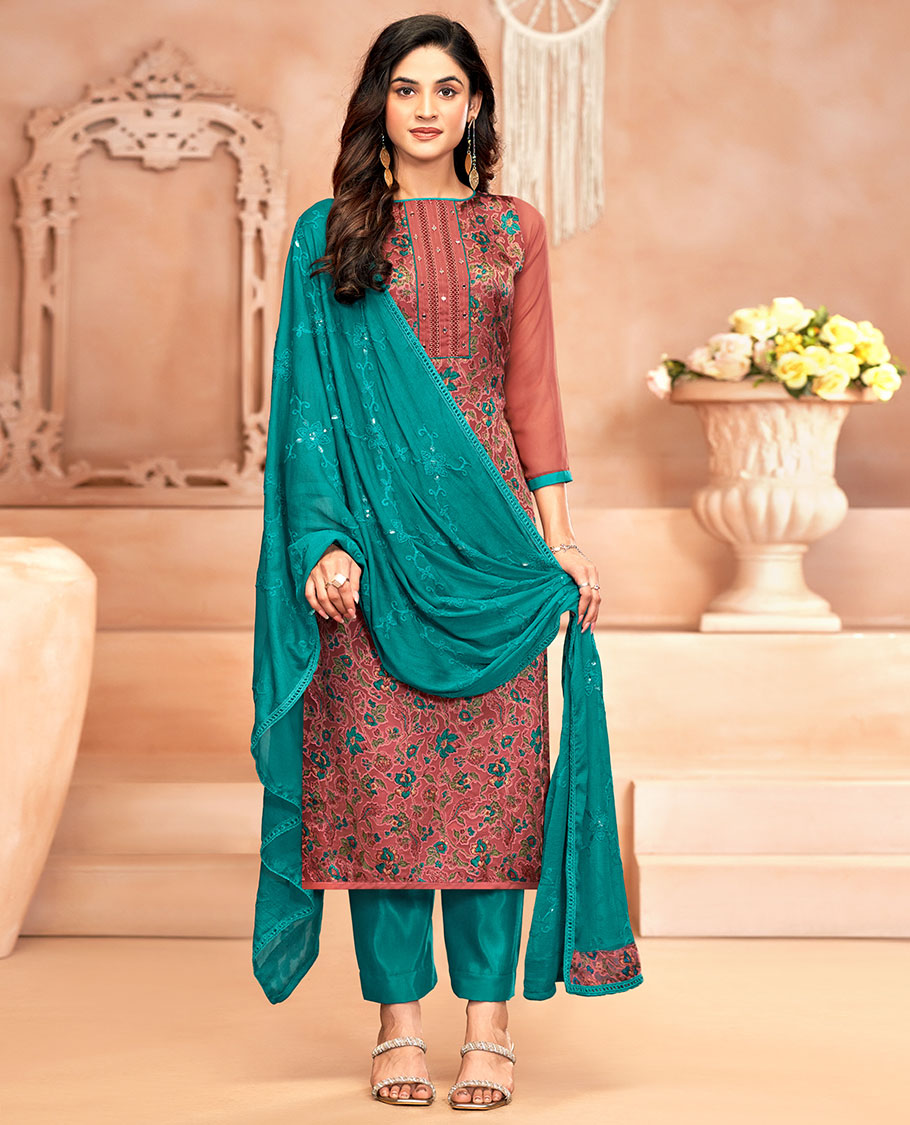 Terracotta red material chudidar set, floral print and neck work top, contrast plain bottom, and jaal embroidered dupatta