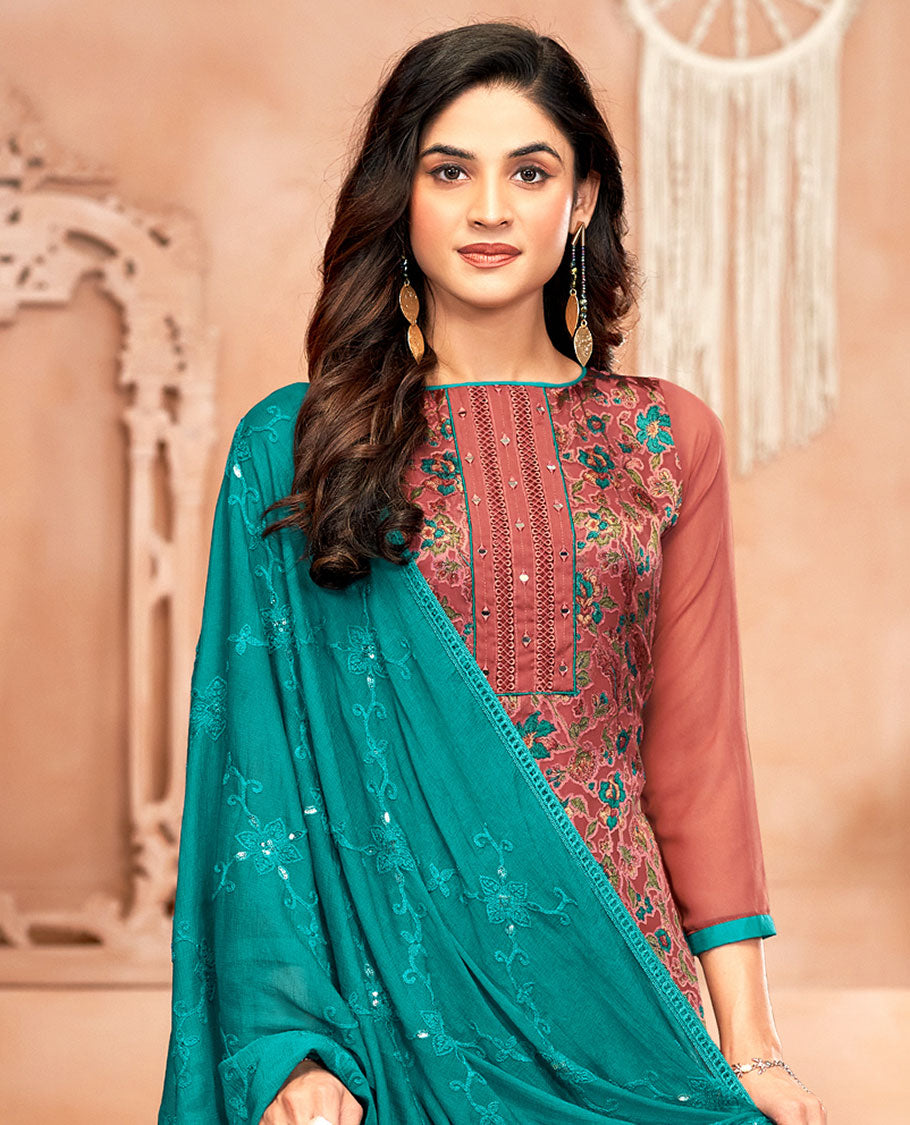 Terracotta red material chudidar set, floral print and neck work top, contrast plain bottom, and jaal embroidered dupatta