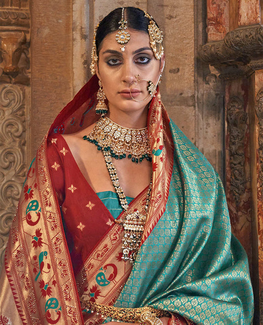 Teal jacquard designer catalog saree, contrast paithani temple and peacock motifs border, and pallu of paithani designs