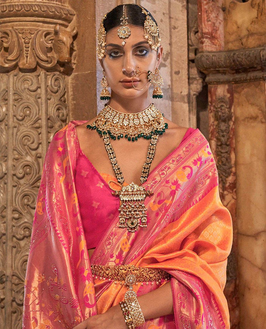 Orange  jacquard designer catalog saree, contrast paithani temple and peacock motifs border, and pallu of paithani designs