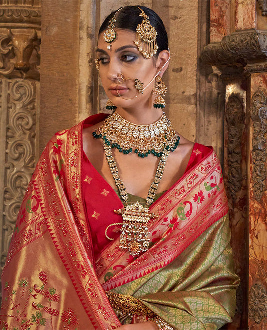 Light green jacquard designer catalog saree, contrast paithani temple and peacock motifs border, and pallu of paithani designs