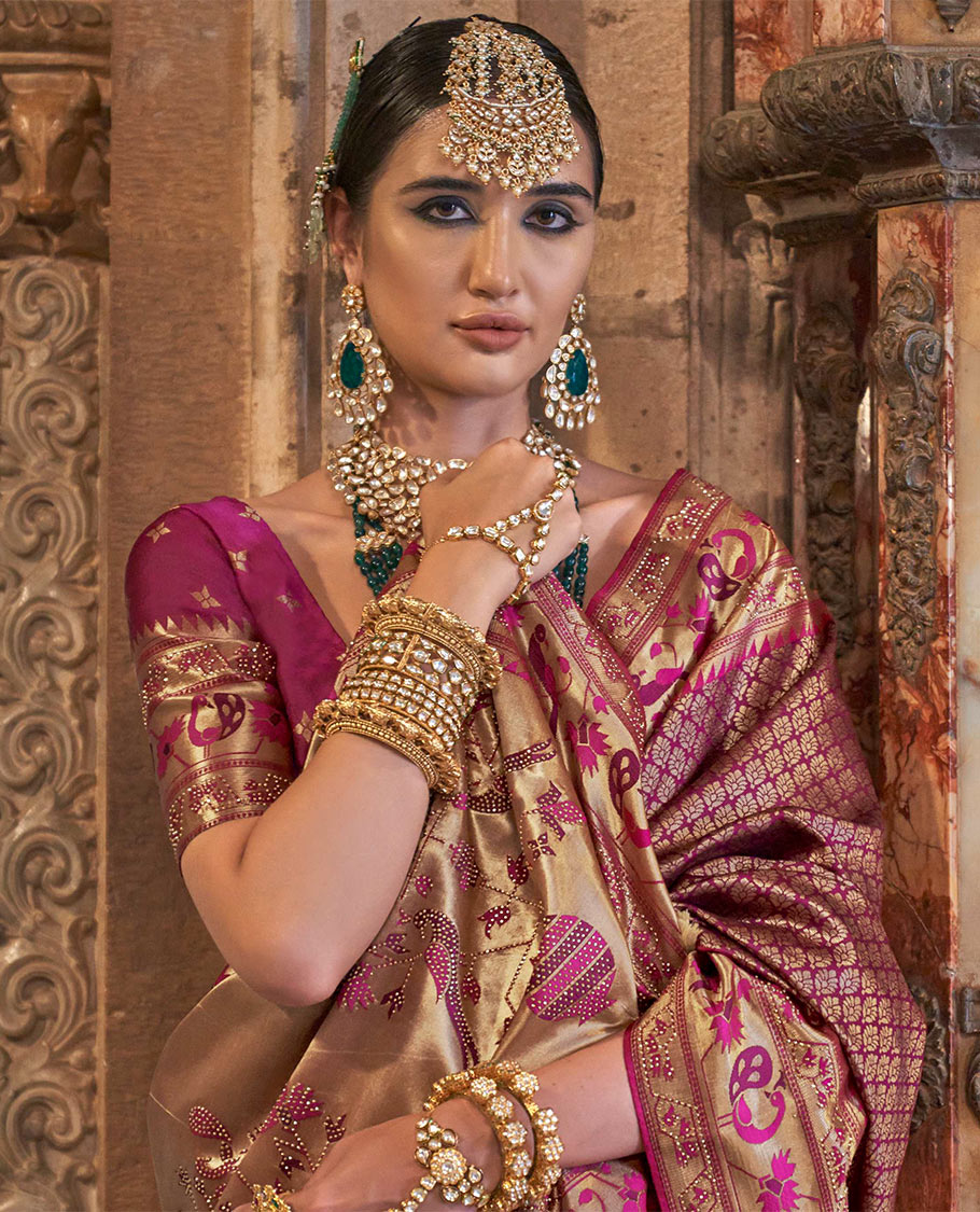 Purple jacquard designer catalog saree, contrast paithani temple and peacock motifs border, and pallu of paithani designs
