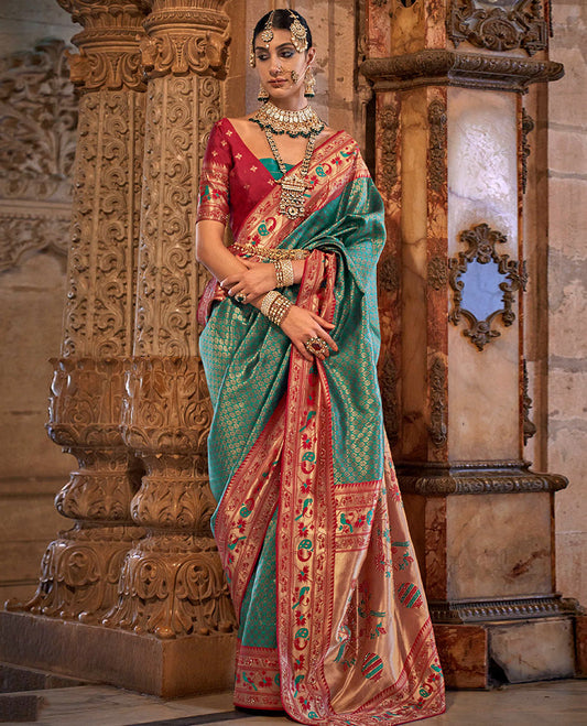 Teal jacquard designer catalog saree, contrast paithani temple and peacock motifs border, and pallu of paithani designs