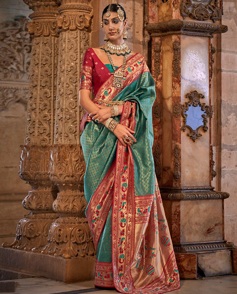 Teal jacquard designer catalog saree, contrast paithani temple and peacock motifs border, and pallu of paithani designs