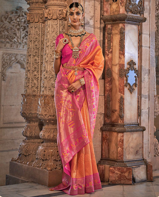 Orange  jacquard designer catalog saree, contrast paithani temple and peacock motifs border, and pallu of paithani designs