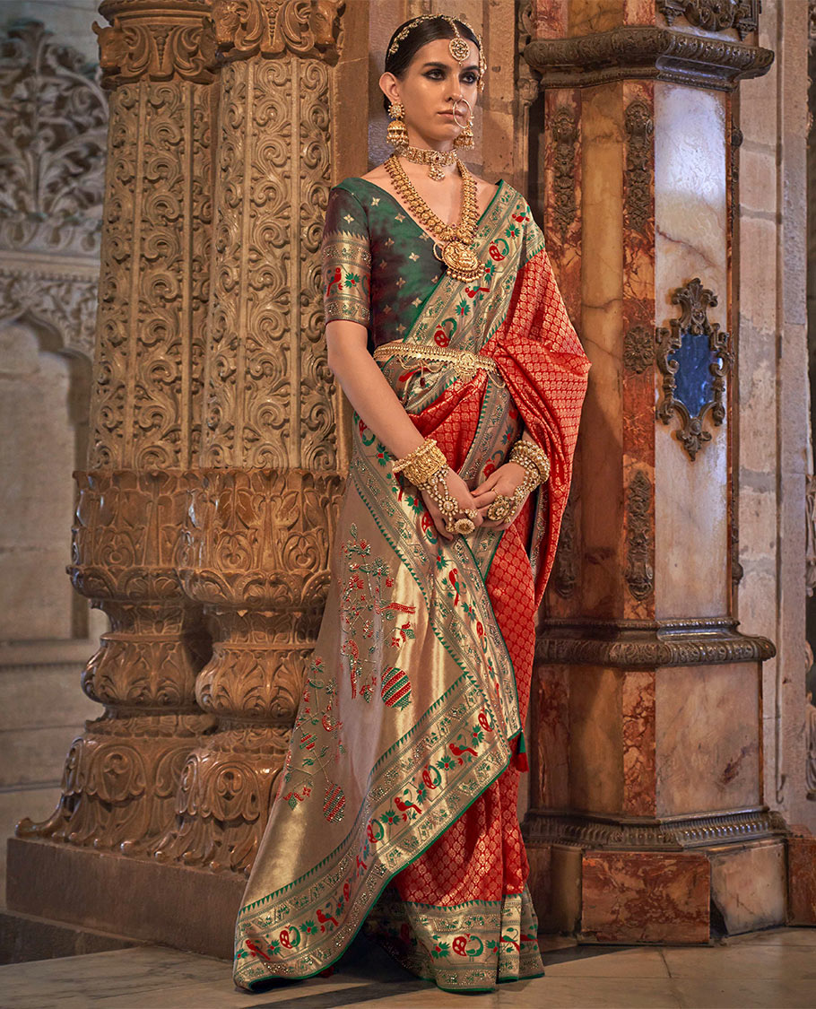 Red jacquard designer catalog saree, contrast paithani temple and peacock motifs border, and pallu of paithani designs
