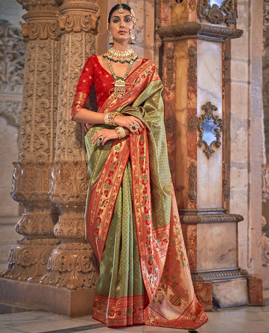 Light green jacquard designer catalog saree, contrast paithani temple and peacock motifs border, and pallu of paithani designs