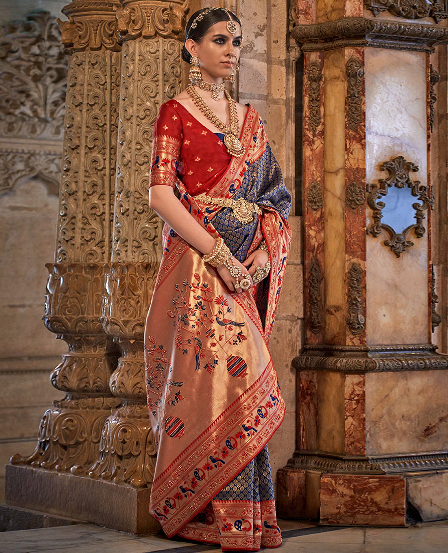 Navy blue jacquard designer catalog saree, contrast paithani temple and peacock motifs border, and pallu of paithani designs