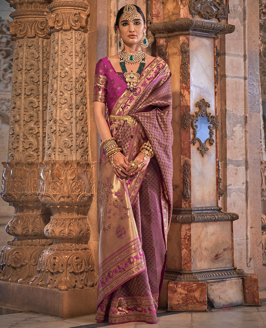 Purple jacquard designer catalog saree, contrast paithani temple and peacock motifs border, and pallu of paithani designs