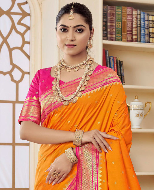 Orange Semi Silk Paithani Designer Catalog Saree, Adorned with Zari Buttas, Complemented by a Contrast Traditional Zari Border, Paithani-Style Woven Pallu, and a Contrast Blouse