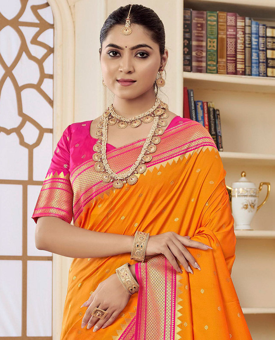 Orange Semi Silk Paithani Designer Catalog Saree, Adorned with Zari Buttas, Complemented by a Contrast Traditional Zari Border, Paithani-Style Woven Pallu, and a Contrast Blouse