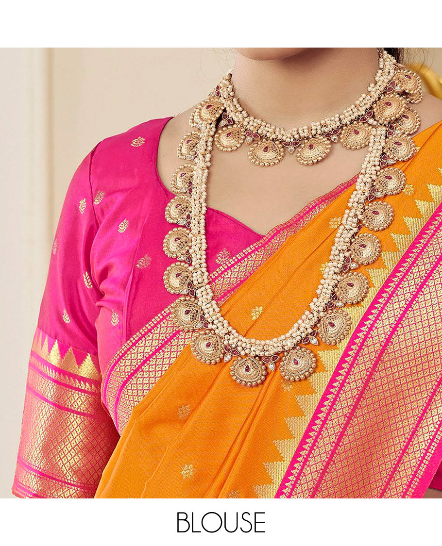Orange Semi Silk Paithani Designer Catalog Saree, Adorned with Zari Buttas, Complemented by a Contrast Traditional Zari Border, Paithani-Style Woven Pallu, and a Contrast Blouse
