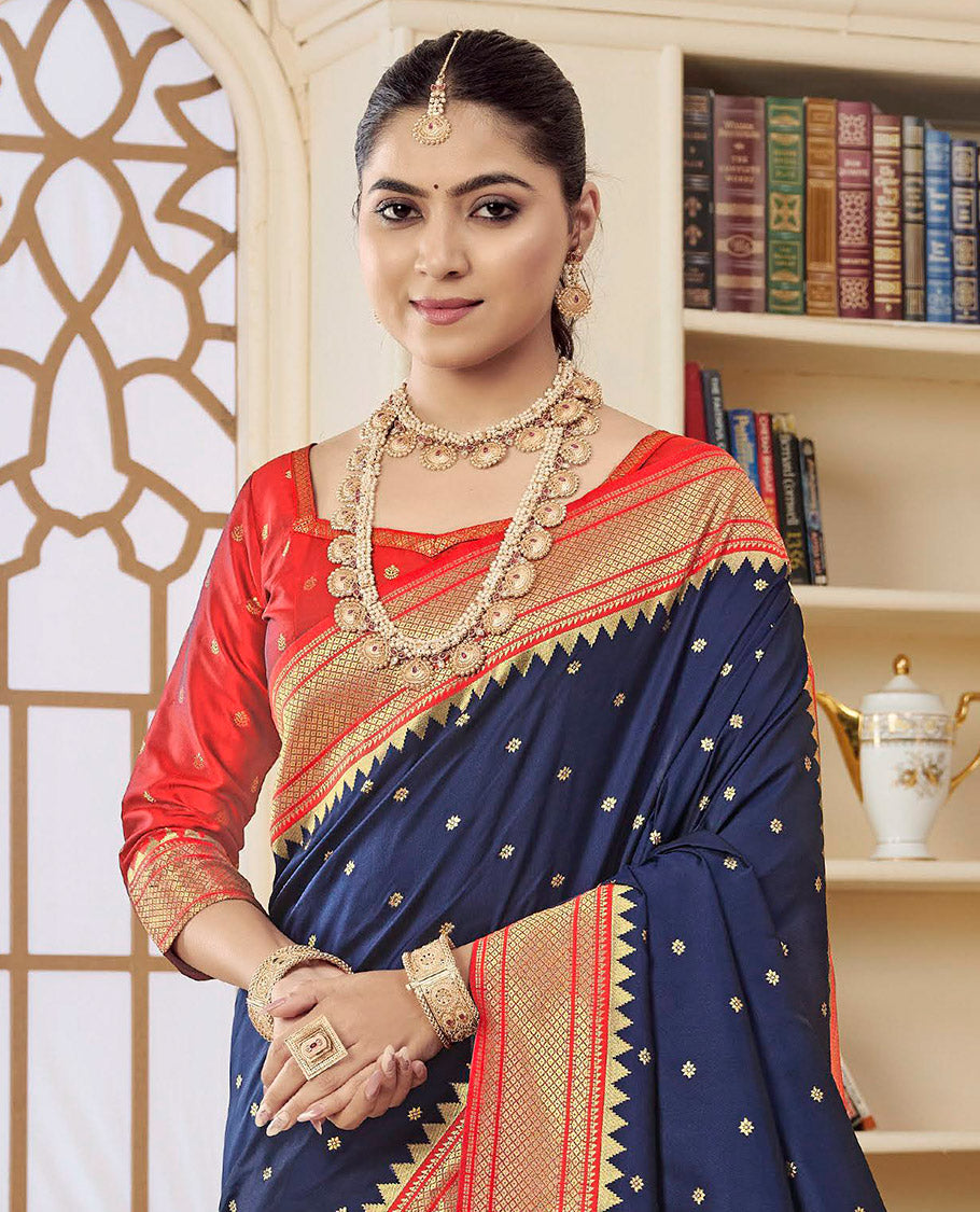 Blue Semi Silk Paithani Designer Catalog Saree, Graced with Zari Buttas, Complemented by a Contrast Traditional Zari Border, Paithani-Style Woven Pallu, and a Contrast Blouse