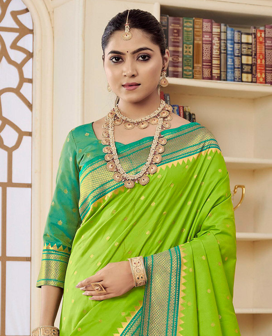 Green Semi Silk Paithani Designer Catalog Saree, Elevated with Zari Buttas, Complemented by a Contrast Traditional Zari Border, Paithani-Style Woven Pallu, and a Contrast Blouse
