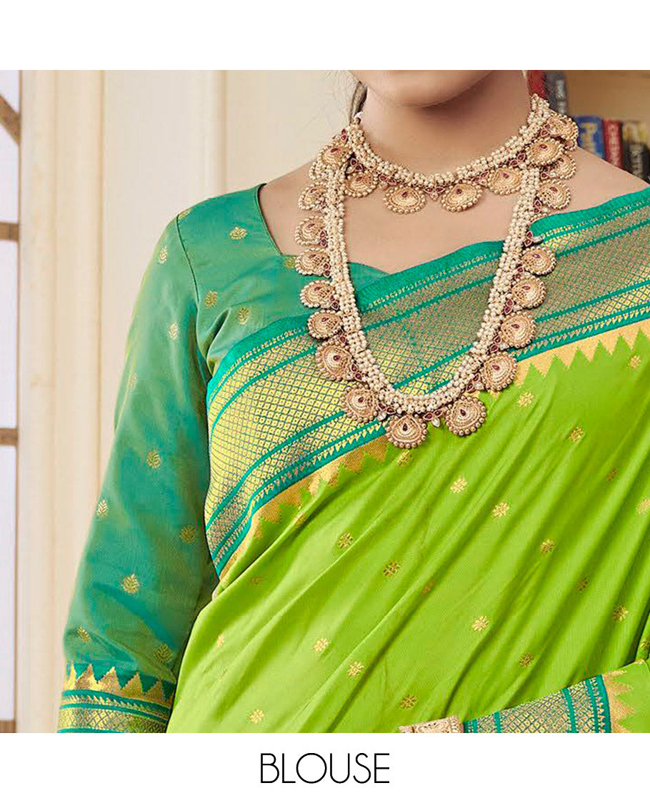 Green Semi Silk Paithani Designer Catalog Saree, Elevated with Zari Buttas, Complemented by a Contrast Traditional Zari Border, Paithani-Style Woven Pallu, and a Contrast Blouse