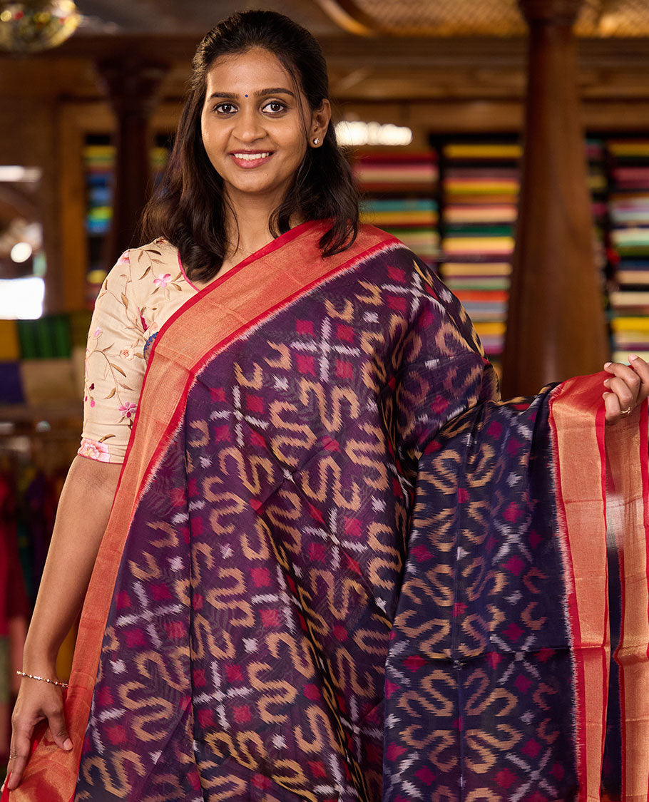Blue Pochampally Ikkat-style designed silk cotton saree, contrast bavanji border, and ikkat design pallu