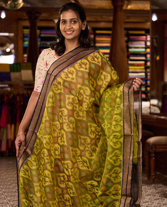 Green Pochampally Ikkat-style ogee patterned silk cotton saree, contrast bavanji zari border, and ikkat design pallu
