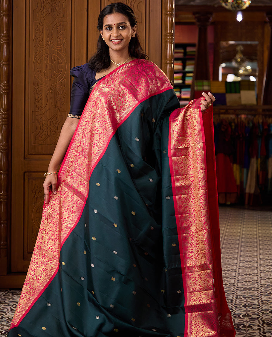 Green zari buttas Kanchipuram silk saree, contrast Mugal style intricately zari woven border, and pallu