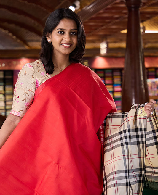 Borderless multi-color mubbagam border-style woven kanchipuram silk saree, contrast zari woven pallu