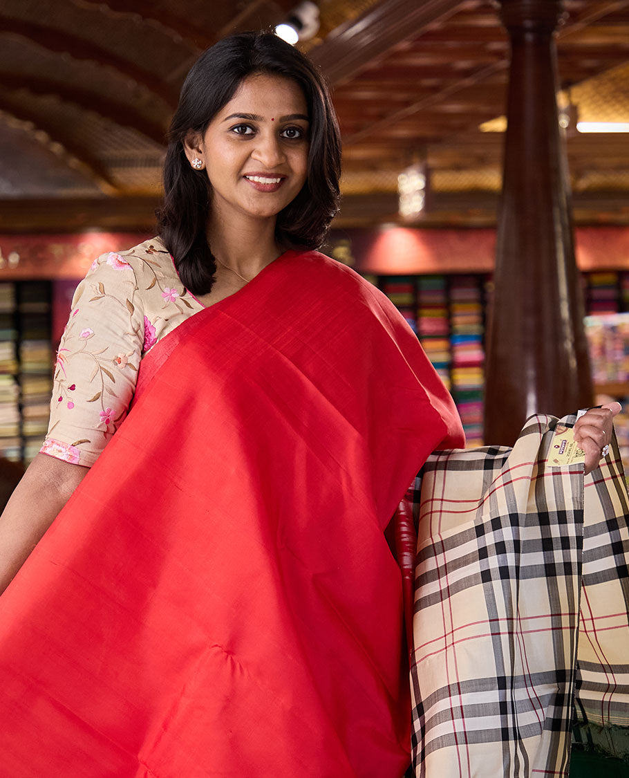 Borderless multi-color mubbagam border-style woven kanchipuram silk saree, contrast zari woven pallu