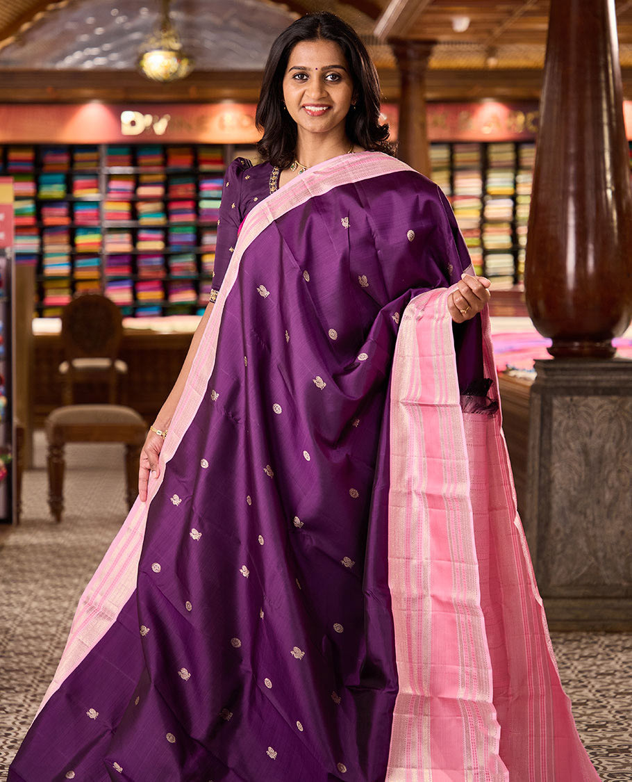 Purple annam chakram buttas Kanchipuram silksaree, contrast rettai pettu traditional zari border, and pallu steeped with traditional motifs