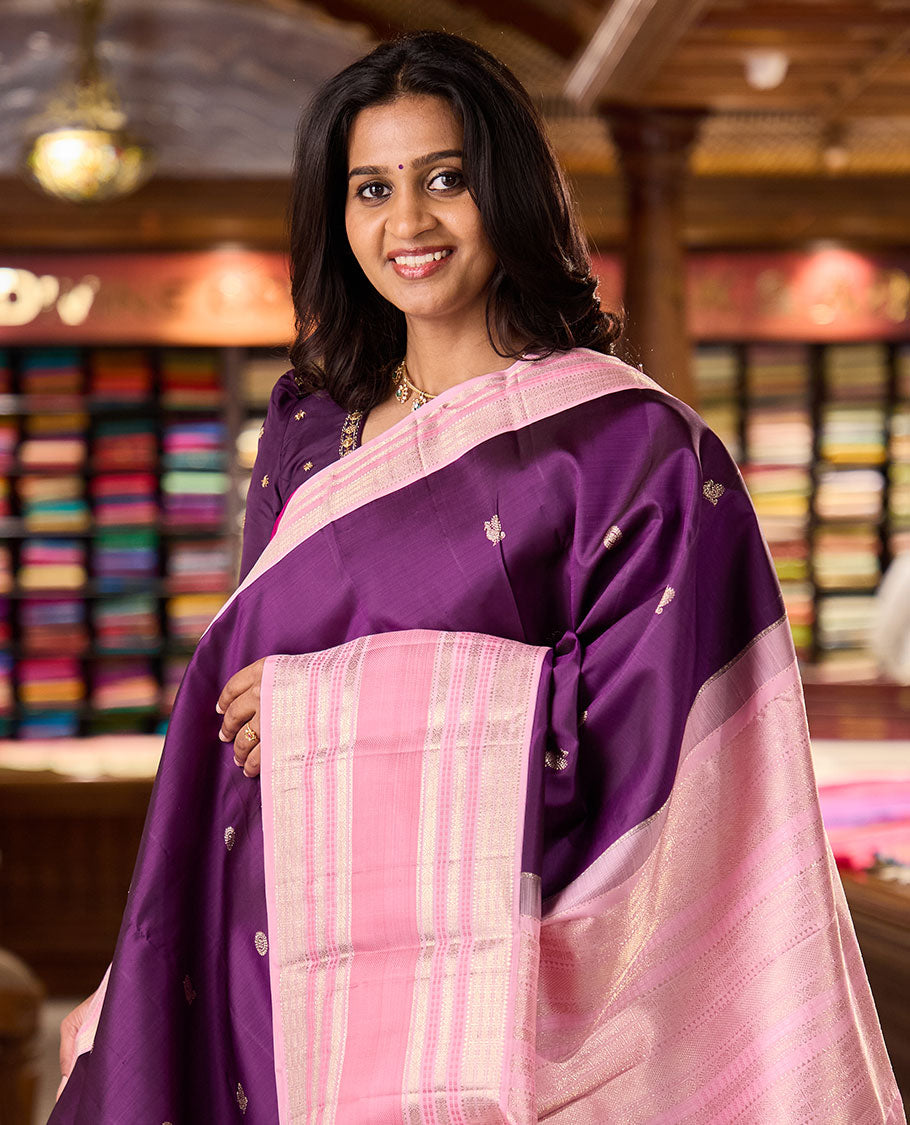 Purple annam chakram buttas Kanchipuram silksaree, contrast rettai pettu traditional zari border, and pallu steeped with traditional motifs