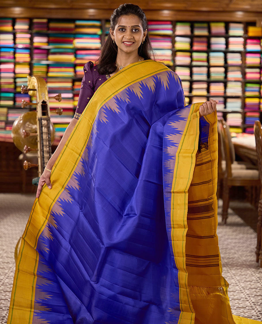 Blue plain kanchipuram silk saree, contrast thazampoo rekku border of muthu, and kathir designs, and pallu of stripes, and thazampoo rekku designs