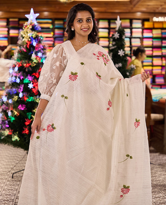 Borderless creamy white handbrush painting style floral motifs print and embroidered matka silk saree, self-pallu of multi-colored tassels