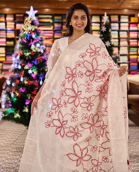 Borderless white dotted floral motifs embroidered matka silk saree, dotted embroidered striped pallu