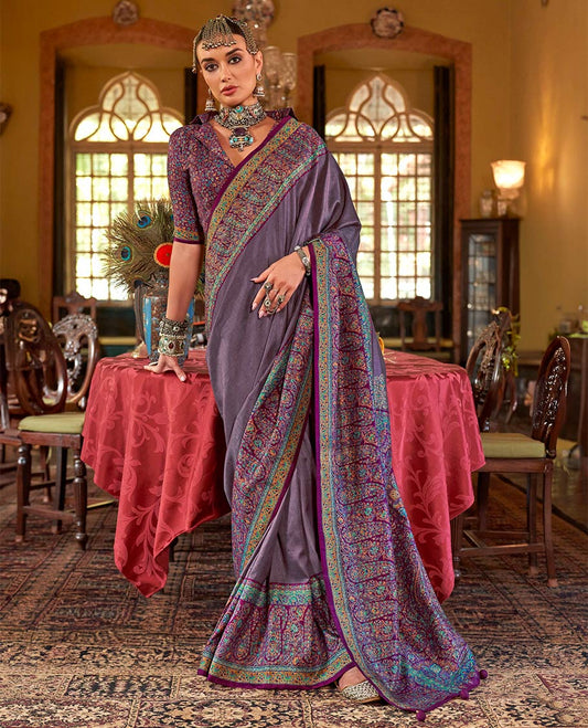 Light purple plain designer catalog saree, meenakari Mugla style floral and paisleys featured border and pallu