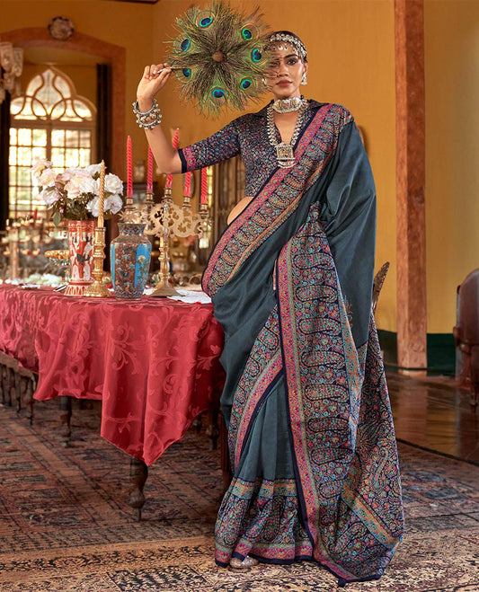 Blue plain designer catalog saree, meenakari Mugla style floral and paisleys featured border and pallu