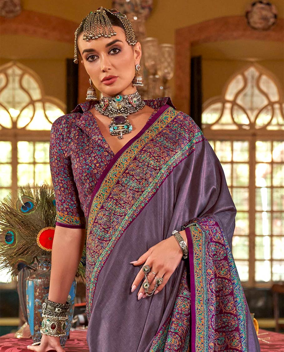 Light purple plain designer catalog saree, meenakari Mugla style floral and paisleys featured border and pallu