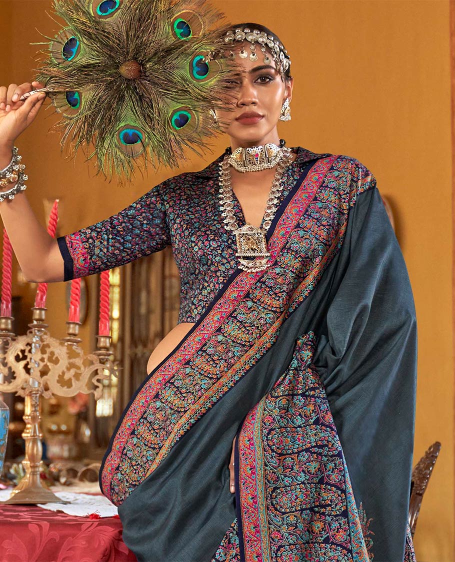 Blue plain designer catalog saree, meenakari Mugla style floral and paisleys featured border and pallu