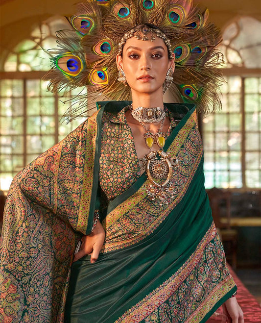 Green plain designer catalog saree, meenakari Mugla style floral and paisleys featured border and pallu