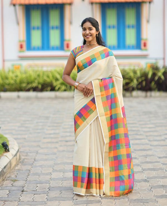 Gold Plain Kerala Tissue Cotton Saree, a Contrast Medium-Size Multi-Color Checked Border, Checked Pallu, and a Contrast Blouse