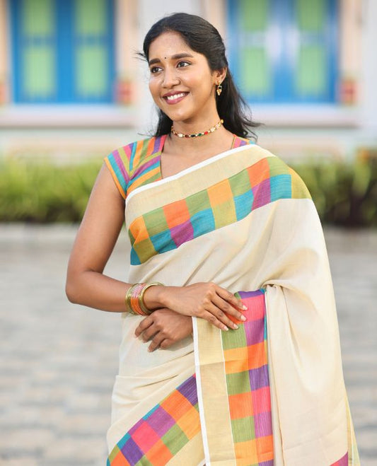 Gold Plain Kerala Tissue Cotton Saree, a Contrast Medium-Size Multi-Color Checked Border, Checked Pallu, and a Contrast Blouse