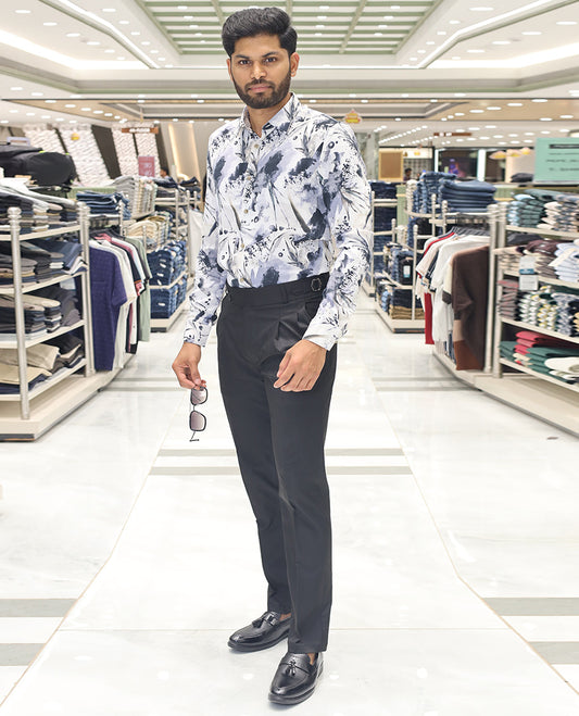 White Cotton Blended Casual Shirt, Adorned with Vibrant Prints, a Spread Collar, Full Sleeves, Slim Fit, and Regular Length