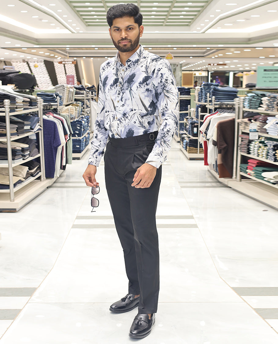 White Cotton Blended Casual Shirt, Adorned with Vibrant Prints, a Spread Collar, Full Sleeves, Slim Fit, and Regular Length