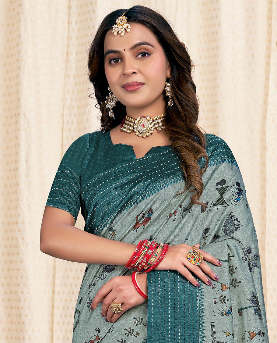 Rama Blue Fancy Tussar Designer Saree