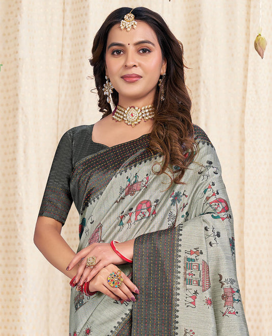 Grey Fancy Tussar Designer Saree