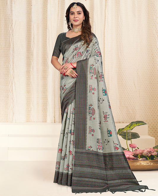 Grey Fancy Tussar Designer Saree