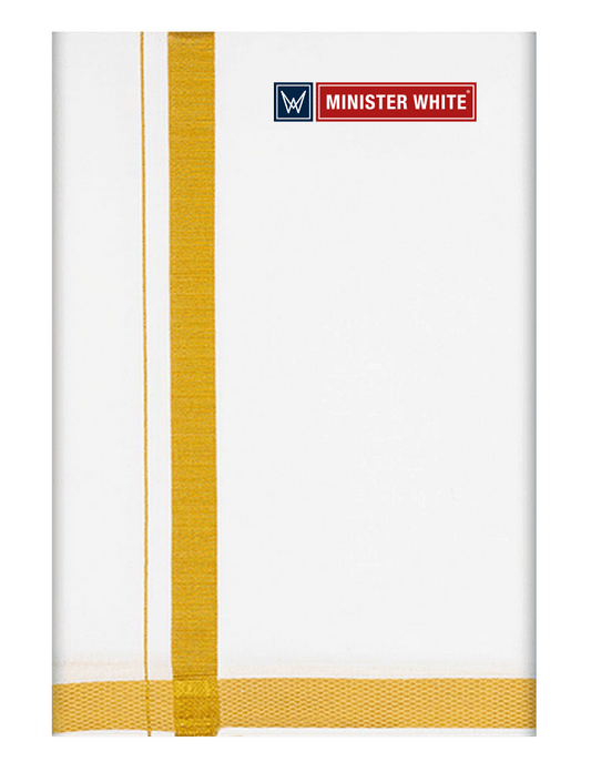 Mens Cotton White Double Layered Dhoti with 1" Gold Jari Border - Omkar