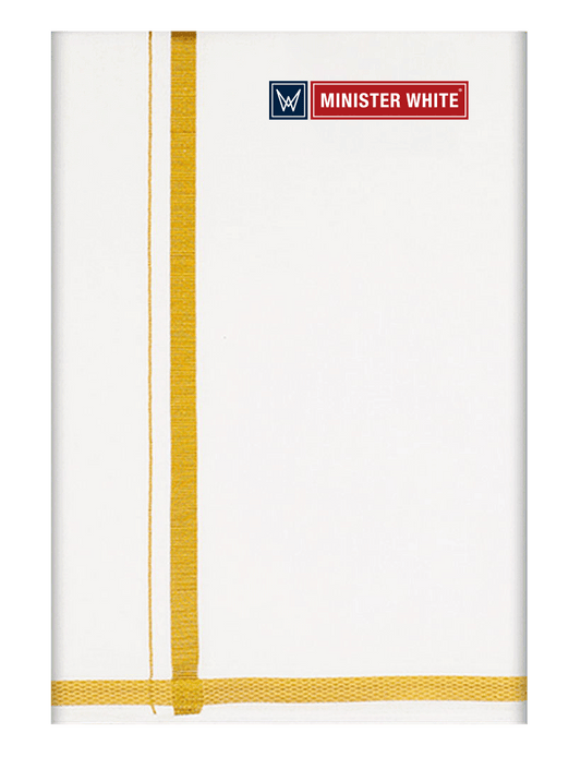 Mens Cotton White Double Layered Dhoti with 1/2" Gold Jari Border - Omkar